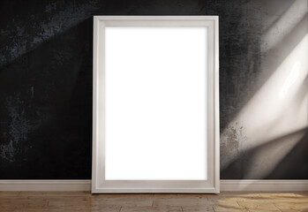 a4 white wood wall art frame mockup on wooden floor in dark room with black wall