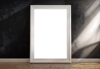 a4 white wood wall art frame mockup on wooden floor in dark room with black wall