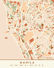 Vector illustration of the map of Manila city with coordinates