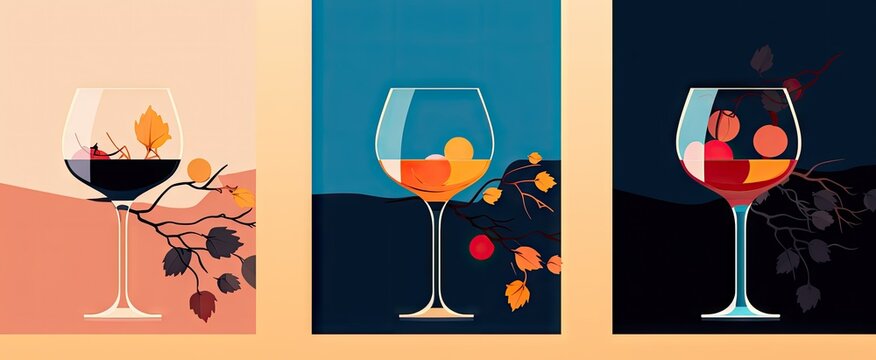 3 beautiful flat design illustrations of wine, drink glasses and branches Generative AI