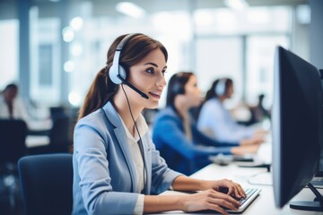 Business people wearing headset working in office to support remote customer or colleague. Call center