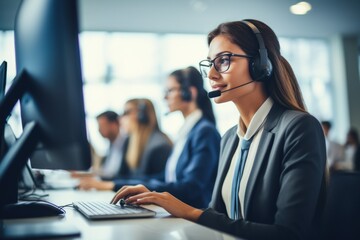 Business people wearing headset working in office to support remote customer or colleague. Call center - obrazy, fototapety, plakaty