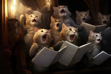 A choir of cats singing gospel in a cathedral. - obrazy, fototapety, plakaty
