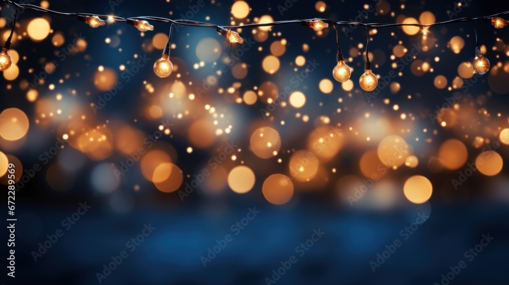 Wall mural christmas holiday illumination and decoration concept - christmas garland bokeh lights over dark blue background