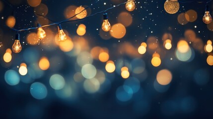 christmas holiday illumination and decoration concept - christmas garland bokeh lights over dark blue background