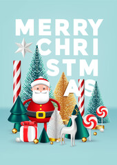 Christmas composition with traditional decoration, Christmas trees, glass ornaments, toy deer and Santa Claus. Christmas greeting card. Vector