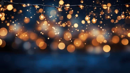 Foto op Plexiglas christmas holiday illumination and decoration concept - christmas garland bokeh lights over dark blue background © sirisakboakaew