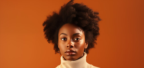 Intense Gaze of a Beautiful Young African American Woman on Orange Background