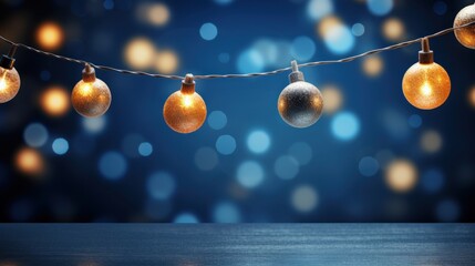 christmas holiday illumination and decoration concept - christmas garland bokeh lights over dark blue background