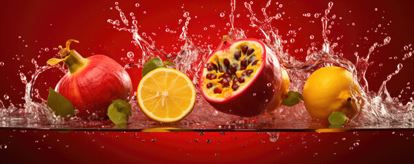 Pomegranate fruit in water splash on red background