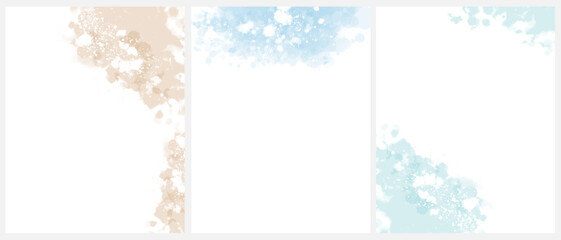 Set of 3 Delicate Abstract Watercolor Painting Style Vector Layouts. Light Beige and Light Ice Blue Paint Stains on a White Background. Pastel Color Stains and Splatter Print with Copy Space. RGB.