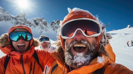 Group of friends having fun in the snow on a sunny day.
