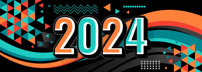 2024 Happy New Year logo trend design. 2024 colored number design template. 2024 typography symbol Happy New Year. Vector illustration with labels trendy and fashionable colors.

 - obrazy, fototapety, plakaty