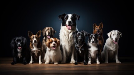 Group portrait of dogs of various shapes, sizes, and breeds. Stray pets with happy expression