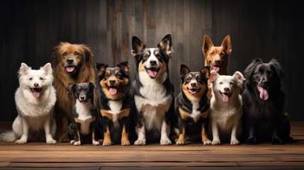 Group portrait of dogs of various shapes, sizes, and breeds. Stray pets with happy expression