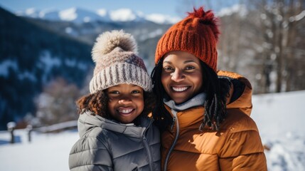 Fototapeta premium Happy african american mother and daughter in winter clothes.