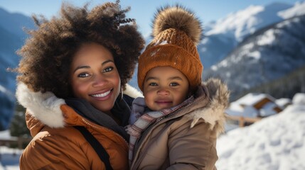 Fototapeta premium Happy african american mother and daughter in winter clothes.
