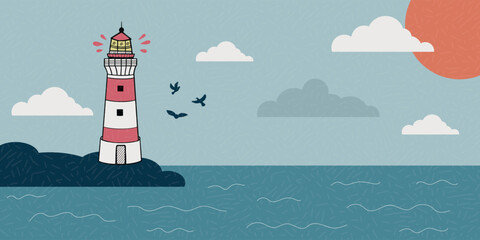 Lighthouse on seashore flat vector illustration. Island pharos, lighthouse, seascape, signal building on the seaside. Hand drawn - obrazy, fototapety, plakaty