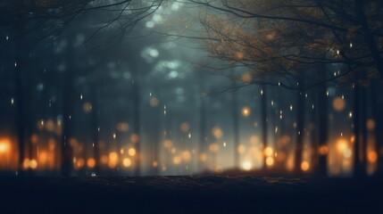 Ethereal Mysterious Forest Background at Night Time with Fireflies and Warm Lights, Room for Copy, Dark and Moody - obrazy, fototapety, plakaty