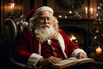 Santa Claus sits in a rustic armchair in a room with a fireplace and a Christmas tree and reads a book