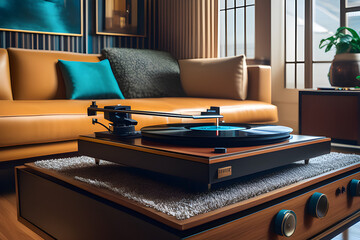 The living room is a retro-themed space with mid-century modern furniture, a shag carpet, and a record player with a vinyl collection on display. Generative AI