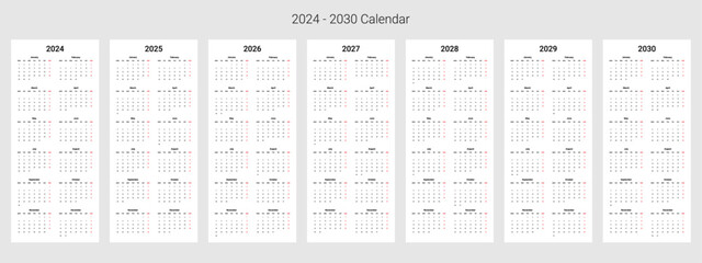 2024, 2025, 2026, 2027, 2028, 2029, 2030 year calendar in one vector file. Week starts Monday Daily planner template with 12 months. vector illustration.