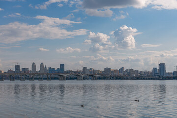 Obraz premium Dnipro is a city at the junction of the center, east and south of Ukraine, the administrative center of the Dnepropetrovsk region. Panoramic view of the right bank of the city