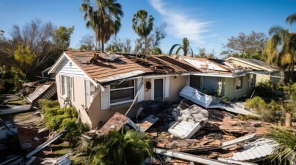 Hurricane force winds destroy roofs of suburban homes in mobile home neighborhoods in Florida. - obrazy, fototapety, plakaty