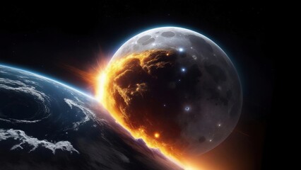 Moon against planet Earth. Cosmic clash. Cosmic art. Galactic art. 4K - 8K - 12K TV. Generative AI.