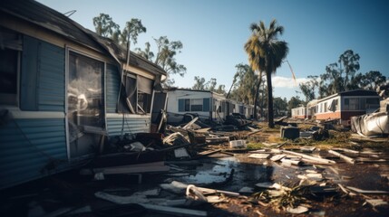 Fototapeta na wymiar Hurricane force winds destroy roofs of suburban homes in mobile home neighborhoods in Florida.