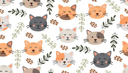 Seamless pattern with flat cute cats and plants. Vector cartoon backdrop.	