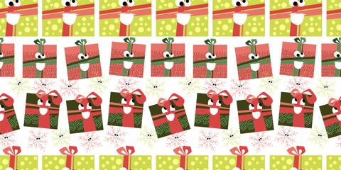 Fototapeta premium Vector seamless pattern on a white isolated background with beautiful merry boxes, Christmas tree branches, New Year toys, balls and stars