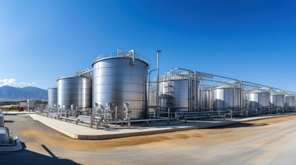 Obraz premium Large storage tanks and silos used for storing raw materials in an industrial facility.