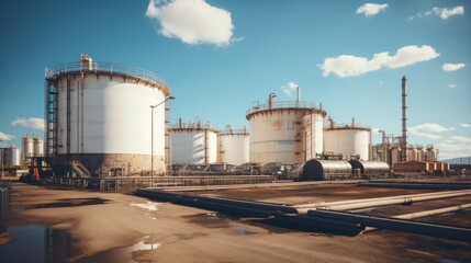 Obraz premium Large storage tanks and silos used for storing raw materials in an industrial facility.
