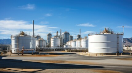 Obraz premium Large storage tanks and silos used for storing raw materials in an industrial facility.