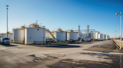 Large storage tanks and silos used for storing raw materials in an industrial facility.
