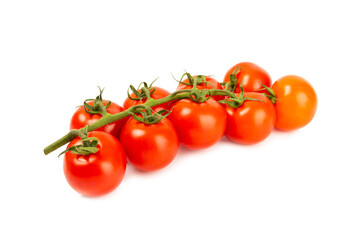 Sprig of cherry tomatoes isolated on white background. Red fresh tomatoes. Fresh vegetables. Vegan. Close-up. Healthy food. Salad Ingredients.