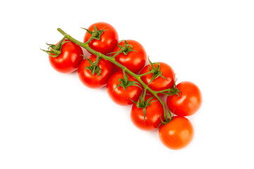 Sprig of cherry tomatoes isolated on white background. Red fresh tomatoes. Fresh vegetables. Vegan. Close-up. Healthy food. Salad Ingredients.