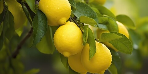 AI Generated. AI Generative. Fresh raw organic harvest farming yellow lemon on green tree branch. Graphic Art - obrazy, fototapety, plakaty