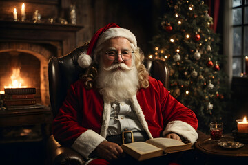 Santa Claus sits in a rustic armchair in a room with a fireplace and a Christmas tree and reads a book in candlelight