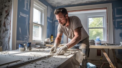 Man plastering drywall in a private house. - obrazy, fototapety, plakaty