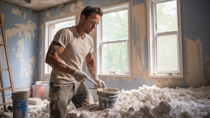 Man plastering drywall in a private house.