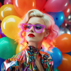 Obraz premium This image captures a striking model channeling a vibrant retro-futuristic look, complete with oversized pink glasses and metallic apparel