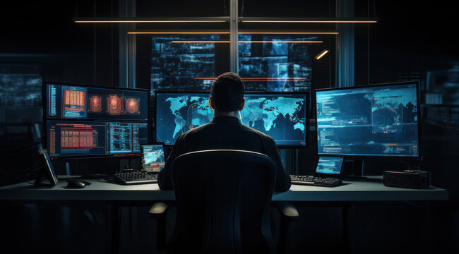 The image shows a person from behind, sitting in front of a sophisticated multi-monitor setup in a dark room