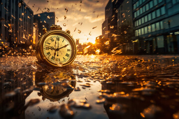 An antique pocket watch lies submerged in water on a city street, its face reflecting the fiery glow of a setting sun amidst the urban landscape