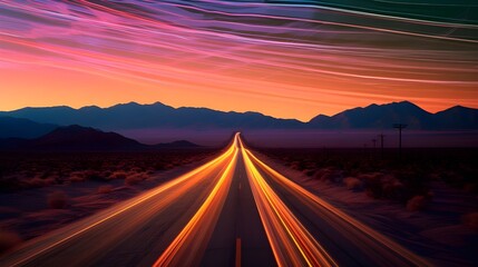 Overlooking a bustling highway, data streams visibly flow above it, represented by glowing lines of...