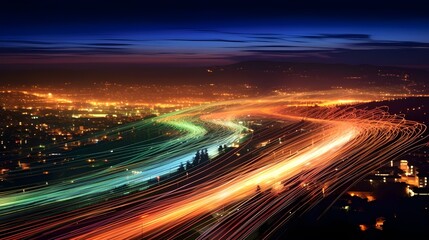 Overlooking a bustling highway, data streams visibly flow above it, represented by glowing lines of light that signify the movement of communications
