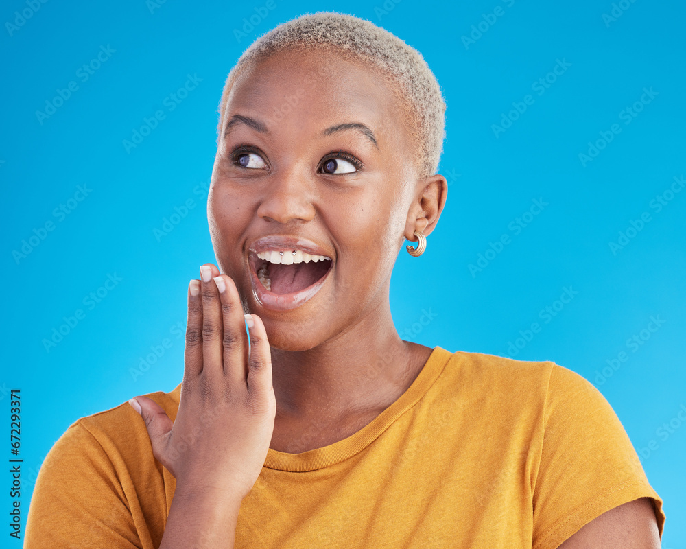 Poster Surprise, thinking or excited black woman in studio for shocking news or deal offer on blue background. Wow reaction, omg and happy female person shocked by gossip, announcement, promotion or deal