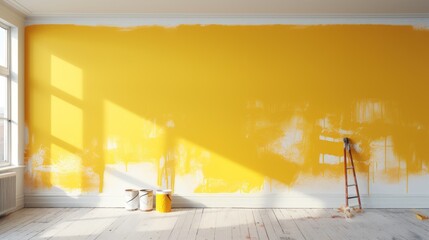 Painter removes masking tape and creates a sharp border between a yellow