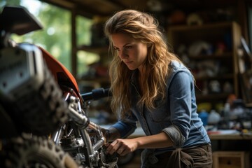 Fototapeta na wymiar Side view of female mechanic working in a bicycle
